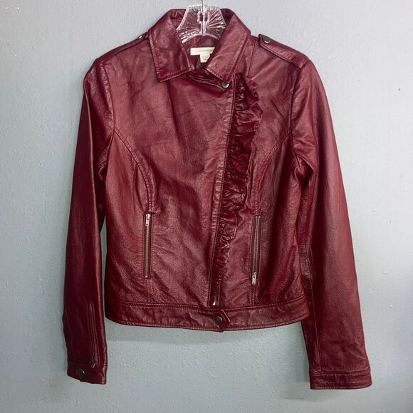 Boston Proper Women's Burgundy 100% Genuine Leather Moto Jacket size 2 #719 - Picture 1 of 14